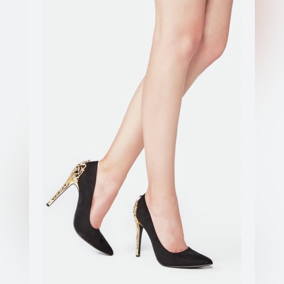 Just Fab Sarina Black Evening Stiletto Pumps Metal Cage 4” Gold Heel Sz 8.5 - Picture 9 of 11